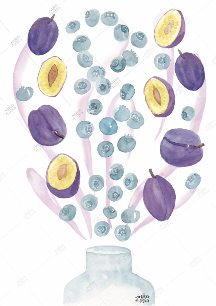 Pflaume Blaubeeren Smoothie Plum Blueberry inkanotes Kalligraphie Aquarell Calligraphy Watercolor Licensing Designer Designs